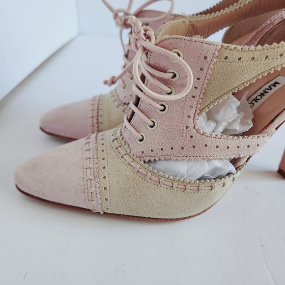 Manolo Blahnik Pink Suede Leather Lace-Up Oxford High Heels Shoes Pointy 37.5 - Picture 3 of 16